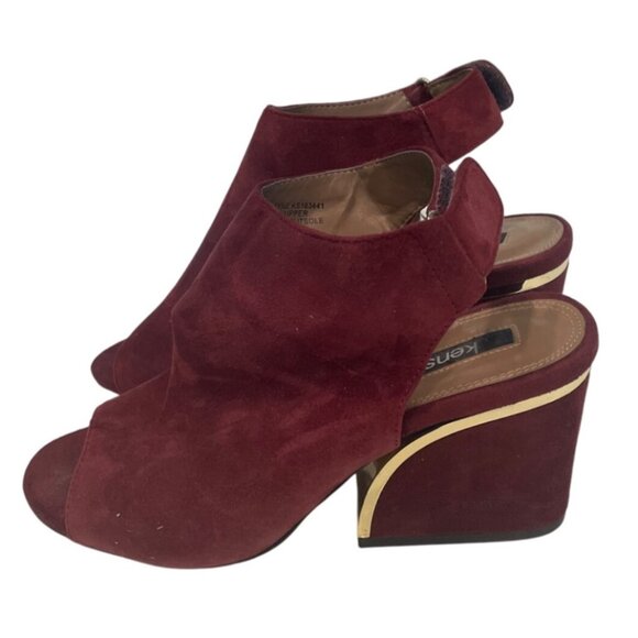Kensie Elmira Red Wine Suede Open-Toe Block Heel With Gold Accent Sz 7 Comfort F - Picture 1 of 5